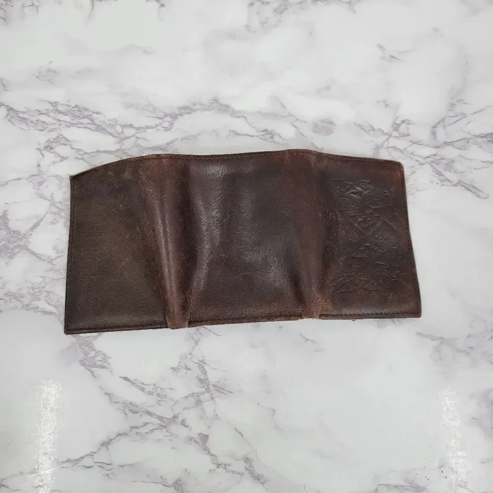 Faded Glory Vintage Brown Leather Wallet with Crest Dueling Dragons Embossed